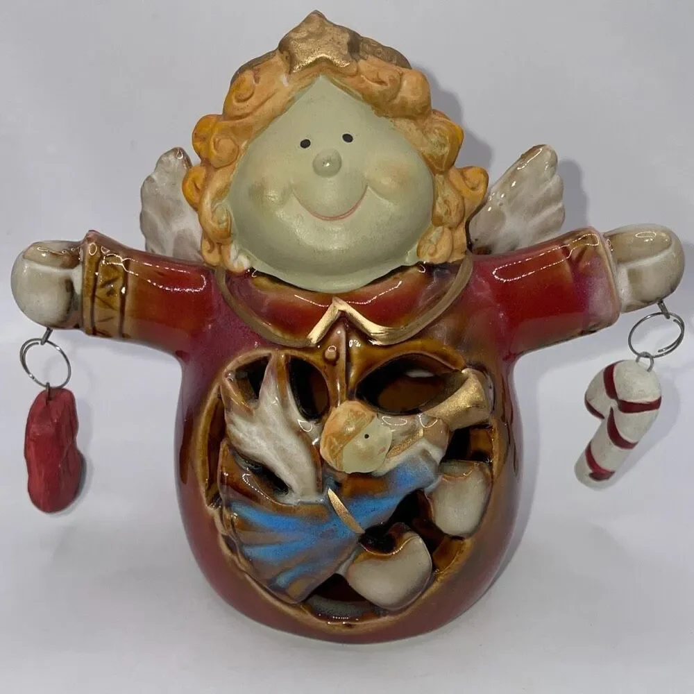 Ceramic Standing Holiday Angel Holding Stocking Candy Cane 4.75